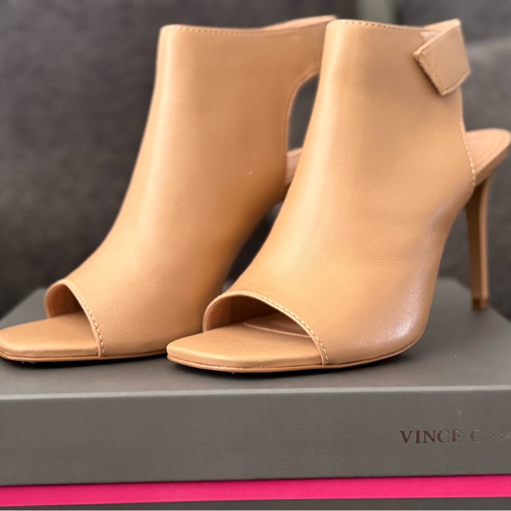 Vince Camuto Nude/Tan Open-Toe Stiletto Booties